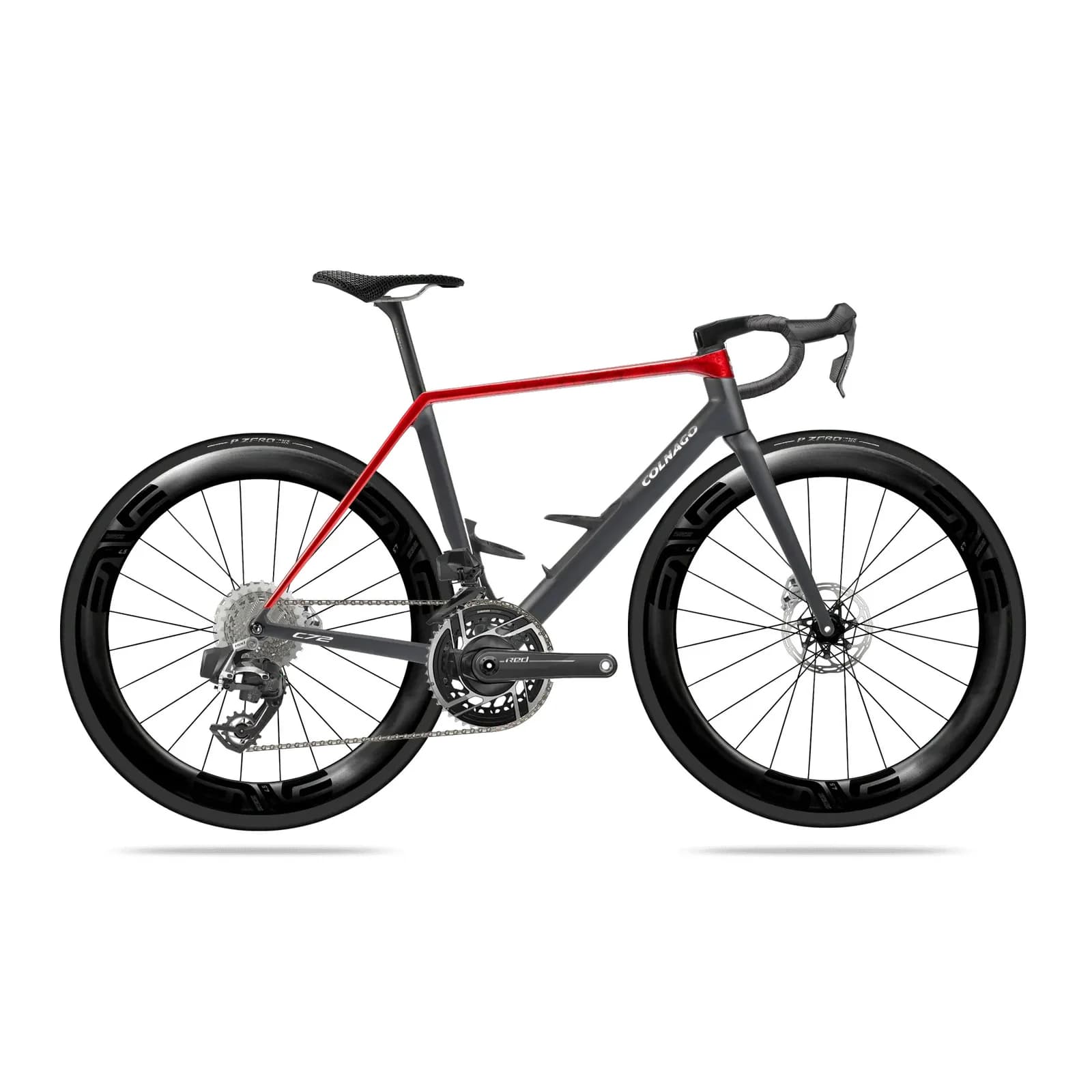 黑／紅塗裝的 Colnago C72，搭載 SRAM RED AXS 與 Enve 輪組，側面